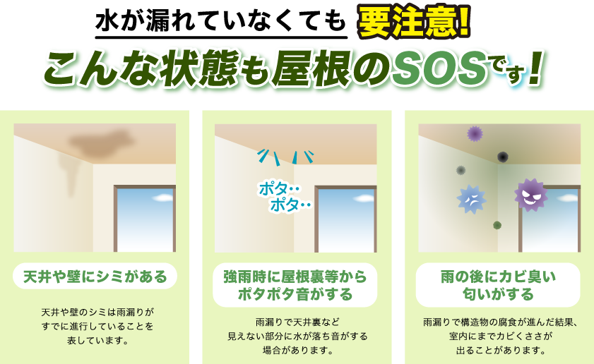 水が漏れていなくても要注意!こんな状態も屋根のSOS　! ●天井や壁にシミがある・・・天井や壁のシミは雨漏りがすでに進行していることを表しています。 ●強雨時に屋根裏等からポタポタ音がする・・・・雨漏りで天井裏など見えない部分に水が落ち音がする場合があります。 ●雨の後にカビ臭い匂いがする・・・雨漏りで構造物の腐食が進んだ結果、室内にまでカビくささが出ることがあります。