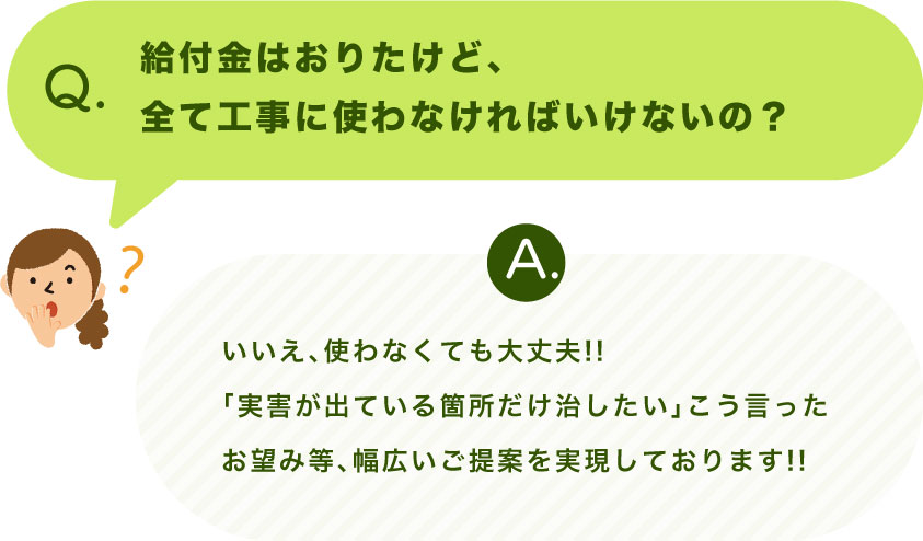 Q.給付金はおりたけど、全て工事に使わなければいけないの？ A.いいえ、使わなくても大丈夫!!「実害が出ている箇所だけ治したい」こう言ったお望み等、幅広いご提案を実現しております!!