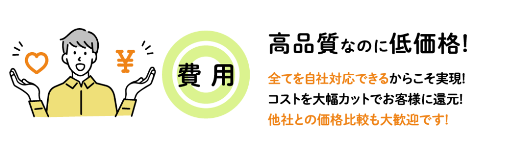 高品質なのに低価格! 全てを自社対応できるからこそ実現! コストを大幅カットでお客様に還元! 他社との価格比較も大歓迎です!