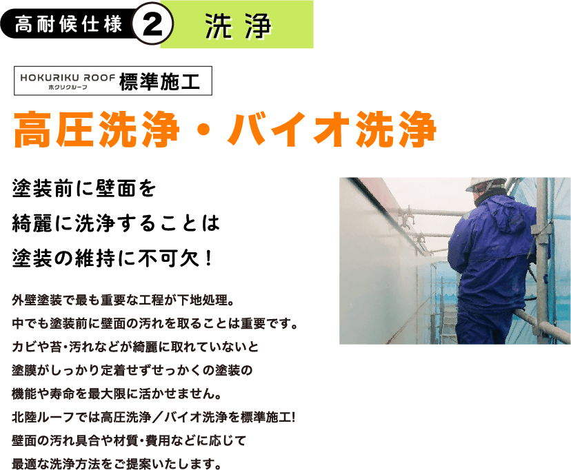 高耐候仕様2 洗浄 ホクリクルーフ標準施工 高圧洗浄・バイオ洗浄 塗装前に壁面を 綺麗に洗浄することは 塗装の維持に不可欠！ 外壁塗装で最も重要な工程が下地処理。 中でも塗装前に壁面の汚れを取ることは重要です。 カピや苔・汚れなどが綺麗に取れていないと 塗膜がしつかり定着せずせっかくの塗装の 機能や寿命を最大限に活かせません。 ホクリクルーフでは高圧洗浄／パイオ洗浄を標準施工！壁面の汚れ具合や材質・費用などに応じて 最適な洗浄方法をこ提案いたします。